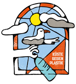 Logo Küste gegen Plastik Seemöve Plastikflasche Fenster Sonne